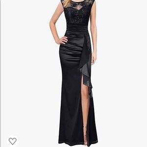 Navy lace and satin evening gown